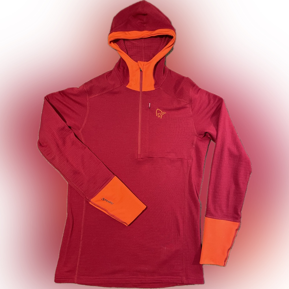 NORRONA Super Hoodie; Red/Orange Polartec Pullover; size M
